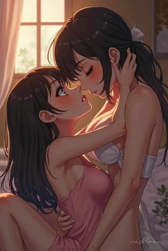 masterpiece, quality, A high resolution,((( 2 girls))), ((Yuri)), ((this kiss:1.4)), giving a hot kiss, in the bedroom, sexy lingerie, big