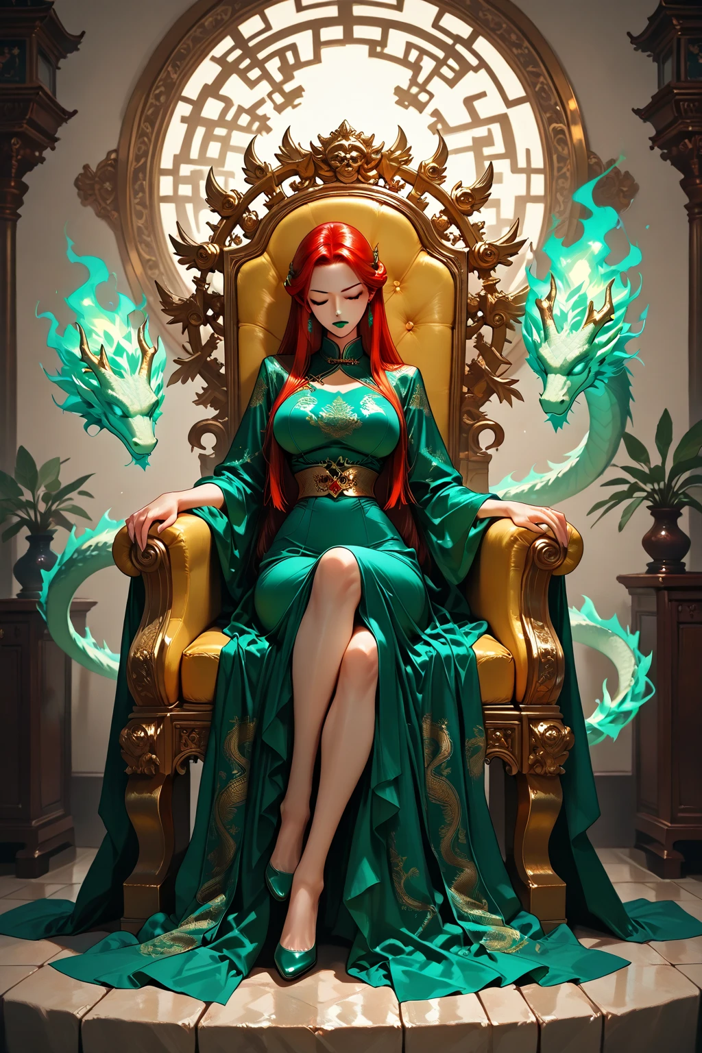 A woman in a red coat sits on a chair with a dragon, popular no ArtStation Pixiv, arte detalhada de animework, arte digital detalhada de anime, complexo lindo estilo CGI de anime, guvez no pixiv art station, guvez no pixiv, Ilustra??o de fantasia de anime, arte detalhada de anime, clean arte detalhada de anime, arte chave detalhada do anime, micro-open red lip, nu