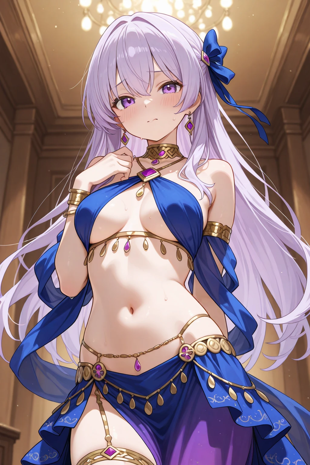 high quality, super detailed, 最high quality, Extremely detailed, beautiful, masterpiece, 1 girl, plaza, medieval europe, cowboy shot, red eyes, long hair, light purple hair, (belly dancer, harem costume, pelvic curtain:1.2), purple costume, barefoot, circlet, earrings, bangle, bracelet, shy smile, dancing, big breasts, cleavage, soft belly