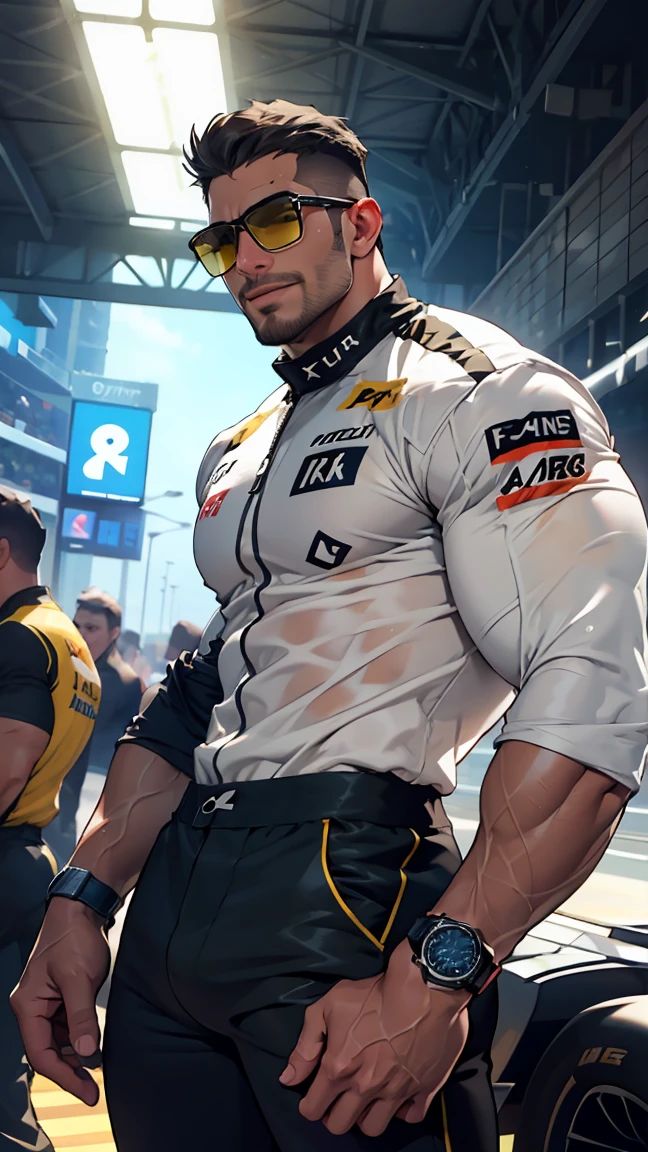 Best quality,masterpaintings,Ultra-high resolution fills the picture,A gym with a black and yellow color scheme,Night indoor black and yellow background color scheme,Neon lights,Sports trends,A male,A muscle,Toned body,idol,Black sportswear,Liquid color matching clothing,Complicated background,Weight instruments in the background,High-tech screen in the background,Sports equipment,Lateral face,A smug smile,Dress less,There are fitness elements in the rear,Nike brand,Tech gym,Perfect face,8K quality,Cyberpunk,sense of science and technology,Character backlighting,rim-light,Movement changes,short hair style,Loose hairstyle,Silver hair,The number of fingers is refined,Wear an electronic digital watch,Sports headphones,The most handsome boy in mankind,Dye hair,Delicate close-up of the face,Realistic image quality,Super light and shadow,Very good figure,English slogan neon,Runway lights,The brand name is(SONEAR FIT),Handsome boy,20 yrs old,Handsome