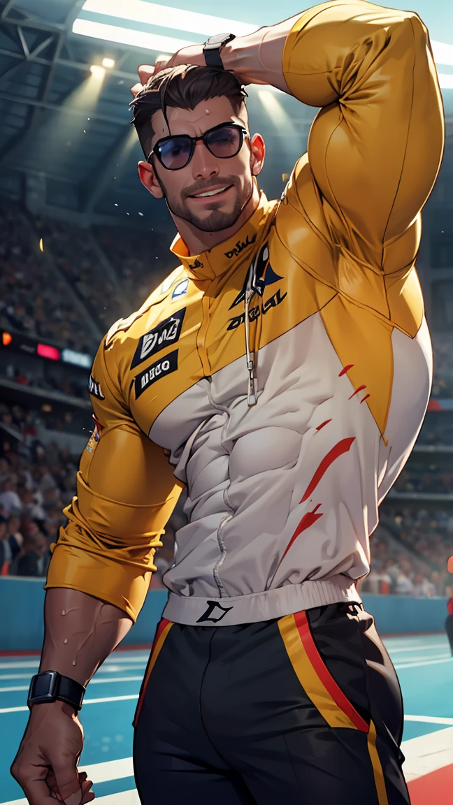 a muscular handsome man in a motocross suit,on motorcross,look at the viewer,bulge ,detailed face, detailed eyes,detailed lips,detailed costume,dynamic lighting,cinematic composition,highly detailed,masterpiece,photorealistic,4k,8k,HDR,studio lighting,