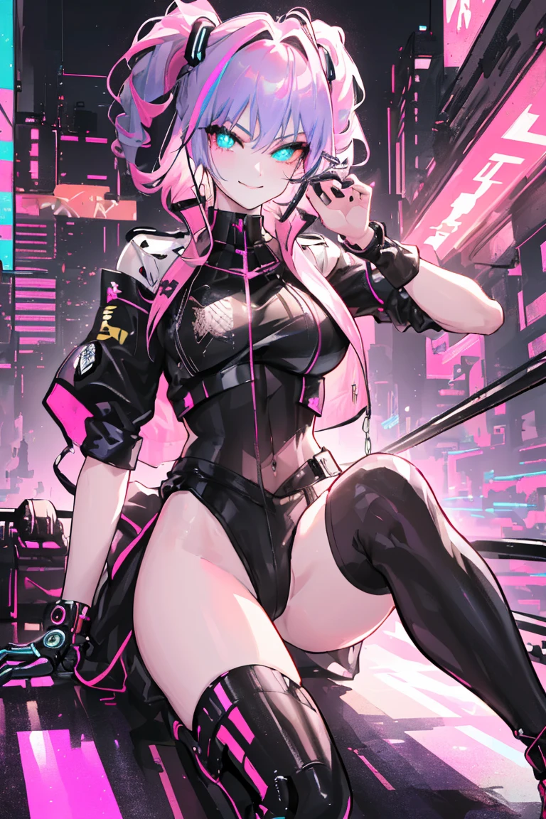 (highest quality), angle from below:1.2,1 female, alone, Shining school swimsuit,double big round eyes,two tone hair,((two side up)),red eyes, (black skin),blush,smile, (open chest:1.1),Cyberpunk world,dynamic composition,big breasts,Socks above the knee,Psychedelic color scheme,rainbow colored background,rabbit ear headphones,turbo in the back,machine legs,rainbow colored screen,((cockpit of a complex machine)),look far away,(armor in the shape of a hoodie),holding a game controller