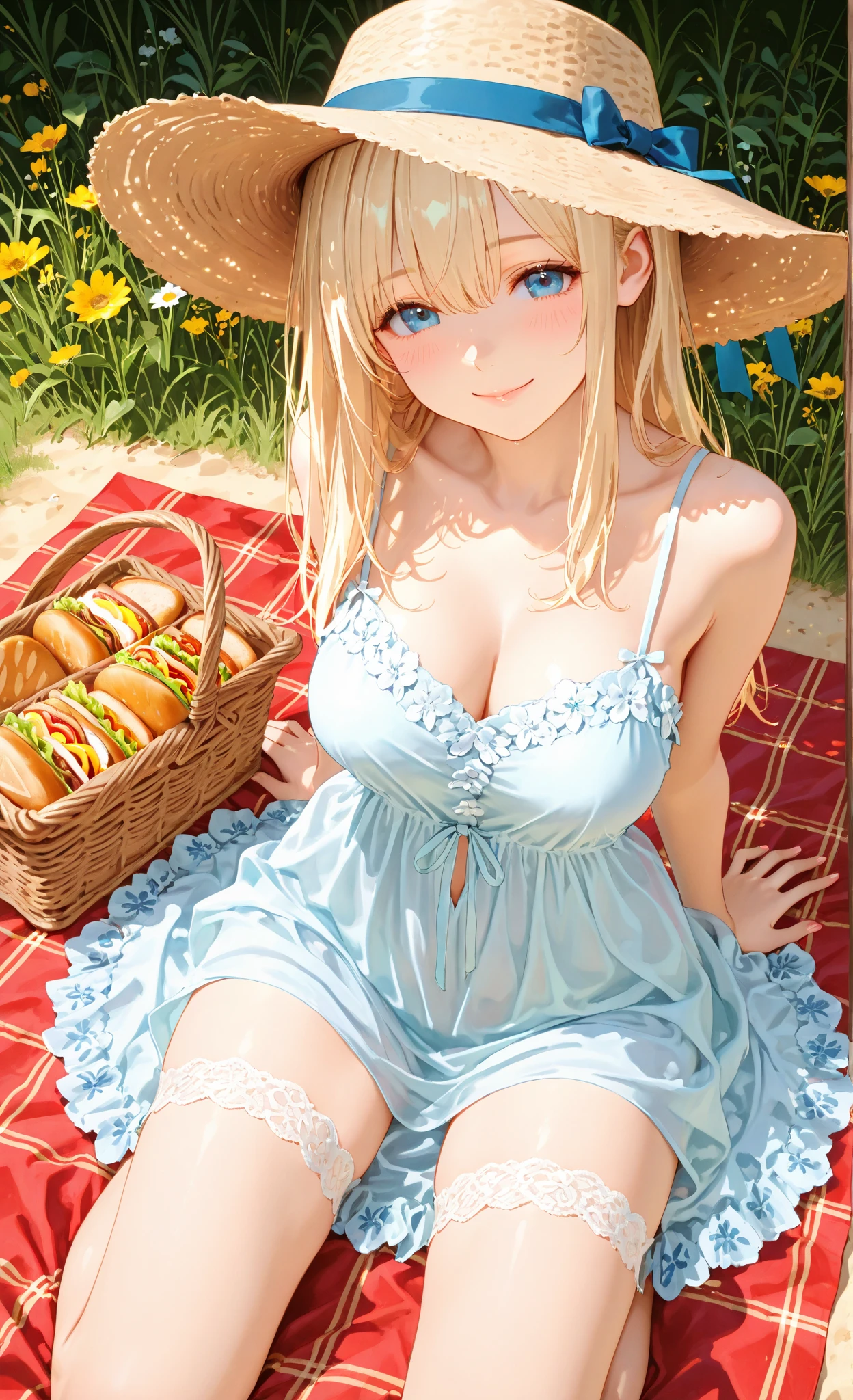 masterpiece, best quality, day, in a meadow, highres, idol, short hair, blonde hair, hime_cut, crossed bangs, x hair ornament, naughty_face, aqua eyes, medium breasts, breasts out, no bra, no_panties, american flag legwear, uwabaki, _juice, fruit_insertion, vibrator,