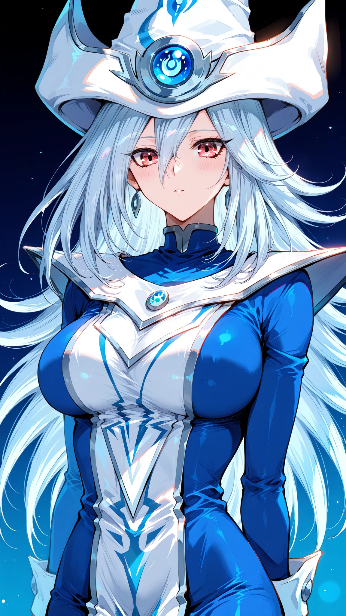 Silent magician, ropa apretada, poca piel visible, (( ruborizada, sonrisa, oiled skin)), pelo largo, cabello blanco, (( white hair)), sombrero blanco, Curvy body, abs, muscle, muscle girl, big sagging breast , monstruo de duelo, Iparuputsua, de pie en la entrada de un castillo, magic world background, mundo medieval .