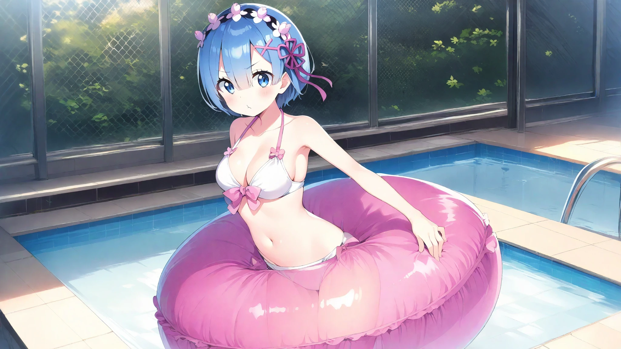 masterpiece, best quality;1.3), ultra detailed, ooking at viewer, rem_re_zero, Facial close-up,blue hair, short hair, hair ornament, cleavage, detached sleeves, masterpiece, top quality, best quality, 1 little girl, swimsuit party, in the water,fish,watermelon,cute style, perfect structure, summer theme,(White yarn bikini:1.2),Hand held ice cream,