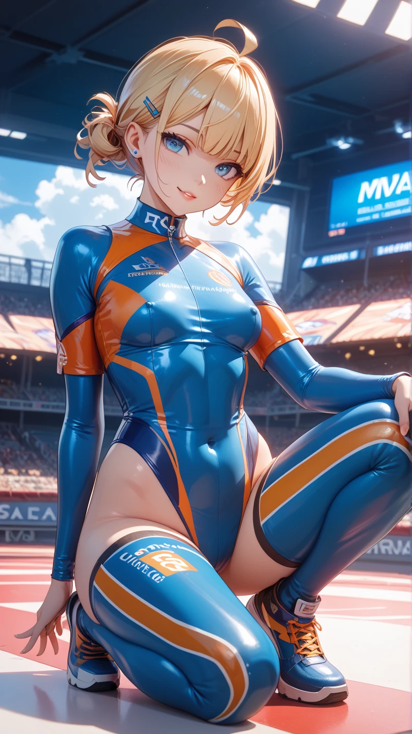masterpiece, realistic, 8 K, (1 cute 18 year old girl with nice small firm breasts:1.5), Russian, white football uniform, (blonde hair:1.1) , shortcut, (pixie haircut:1.2), Blue eyes, developed athletic muscles, athletic build, looking into the distance, smile、Turning, I don&#39;t wear a bra because it&#39;s uncomfortable, highest quality human skin texture, Realistic skin, Beautiful face, expressive look, upper body