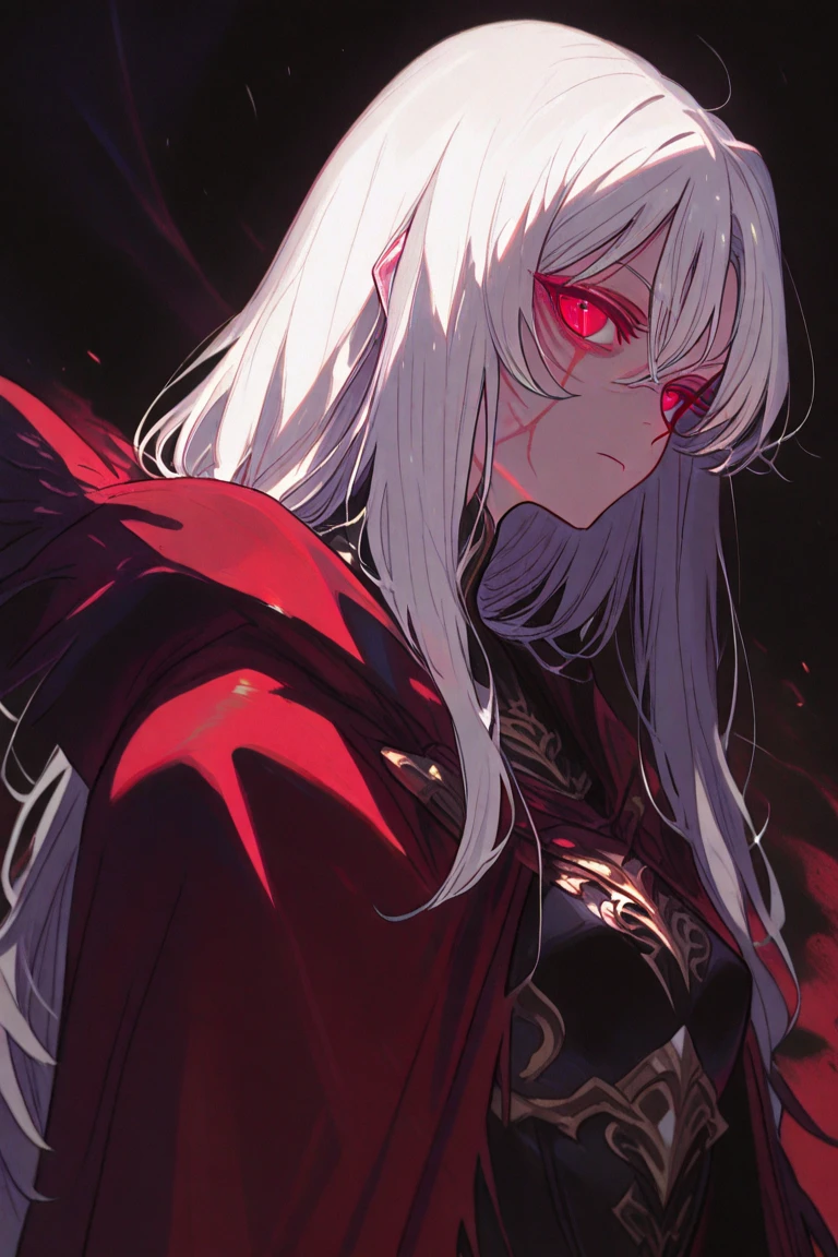 male, long hair, white hair, red eyes, cloak, dark aura, side view, look up
