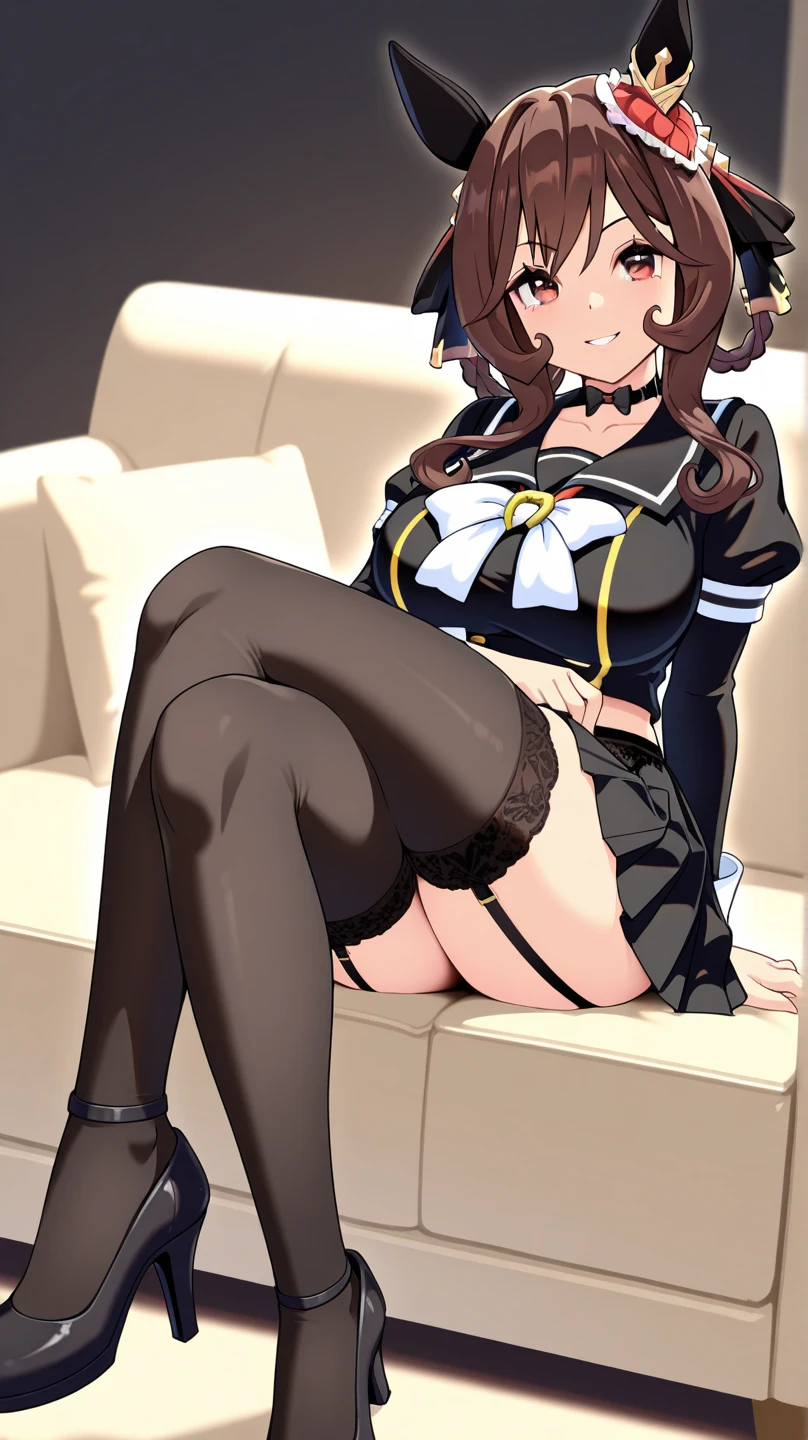 (Masterpiece, top quality, high resolution, realistic photo, realistic looking skin:1.1),
(The woman is sitting on a sofa in a hotel lobby:1.8),
(The dress is so short you can almost see her panties: 1.8),
(We are looking at her from the front viewpoint:1.8),
(She has a smirking, smiling expression on her face:1.8),
(Since this is a hotel, there are no large thigh-highs or standing knees or any other mannerisms: 2.0),
(She is wearing a gray long-sleeved turtleneck mini knit dress: 1.8),
(The dress has a gap around her chest, revealing her cleavage: 1.8),
(She is wearing a pair of black middle boots: 1.8),
(Panties are red with a pattern: 1.8),
(bra and panties always come as a set: 1.5),
(Medium ponytail with brown hair:1.5),
(Small face:1.5),
(She is 25 years old: 1.5),
(She has D-cup breasts, so you can see her cleavage through her breasts: 1.5),
(The place is a sofa in a hotel lobby:1.5),
1 Japanese girl, solo, full bodied esbian, beautiful eyes, shining eyes, shining thighs, NSFW