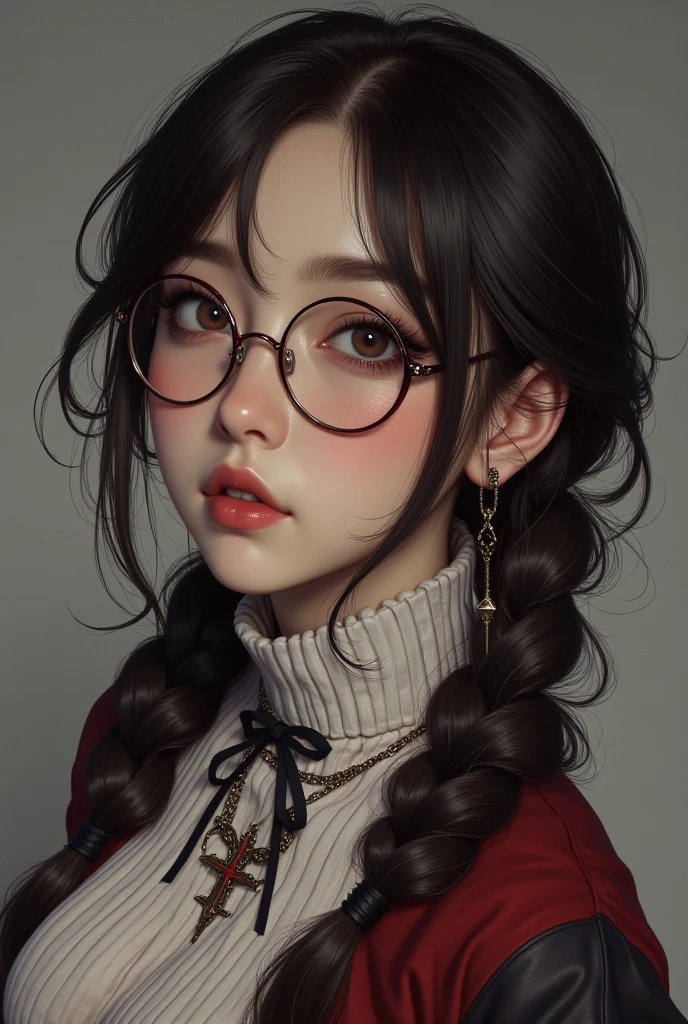 1 Female,Brown Hair, ,((Anxious expression)),Beautiful breasts,Sweater knit,Stylish,,(Look forward)(((Blushing、Surprised expression)),(((Braid))),((( Upper body portrait)))Frameless Glasses