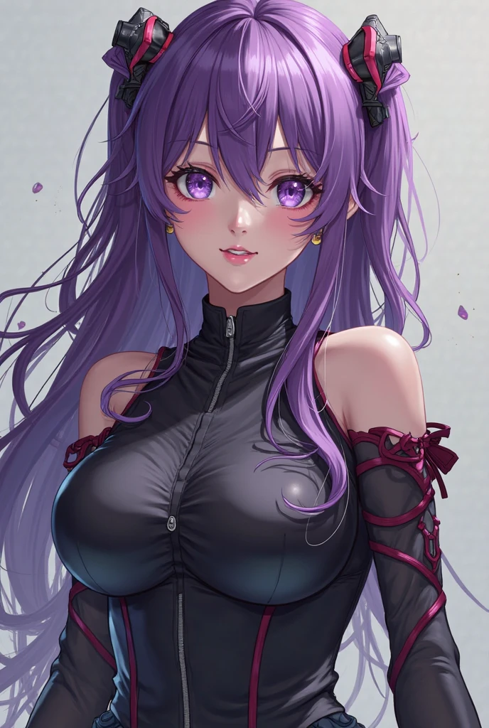 masterpiece, best quality, realistic, best shadows,
1girl, wearing slutty clothes, large breasts, hair flower purple eyes, purple hair, solo, long hair,bangs, complex background