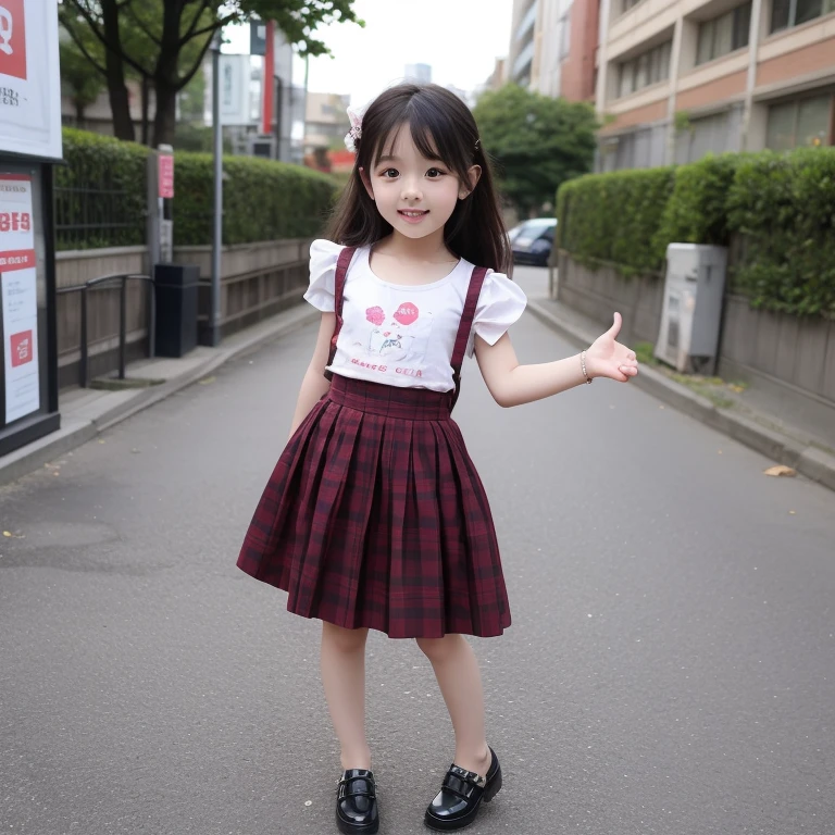 A very elementary school student is wearing Supergirl clothes..、masterpiece、highest quality、Spreading black hair、bob cut with trimmed ends、lolicon、red cloak、short sleeve、belly button、A lot of shining heart particles are dancing in the air、(whole body)、smiling mouth、blush、(Standing right next to a big cherry tree)、(Holding the letter in my hand to my chest)、(I have a pink love letter)