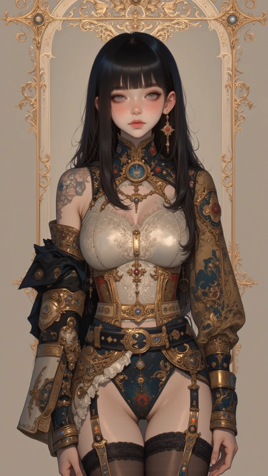 masterpiece, best quality, highres, 1girl, solo, scenery, looking at viewer, 
GAME_Archeage_ownwaifu,www.ownwaifu.com,black hair,breasts,cleavage,lips,short hair,hair ornament,armor,medium breasts,thighhighs,bangs,dress,shoulder armor,black dress,blue eyes,blunt bangs,braid,earrings,hair bun,jewelry,lace,long sleeves, <lora:GAME_Archeage_ownwaifu-10:1>