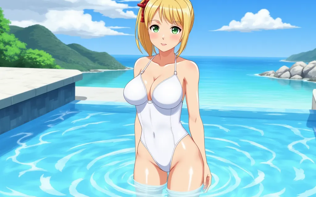Girl with huge breasts wearing a micro bikini inside a fountain in a public park