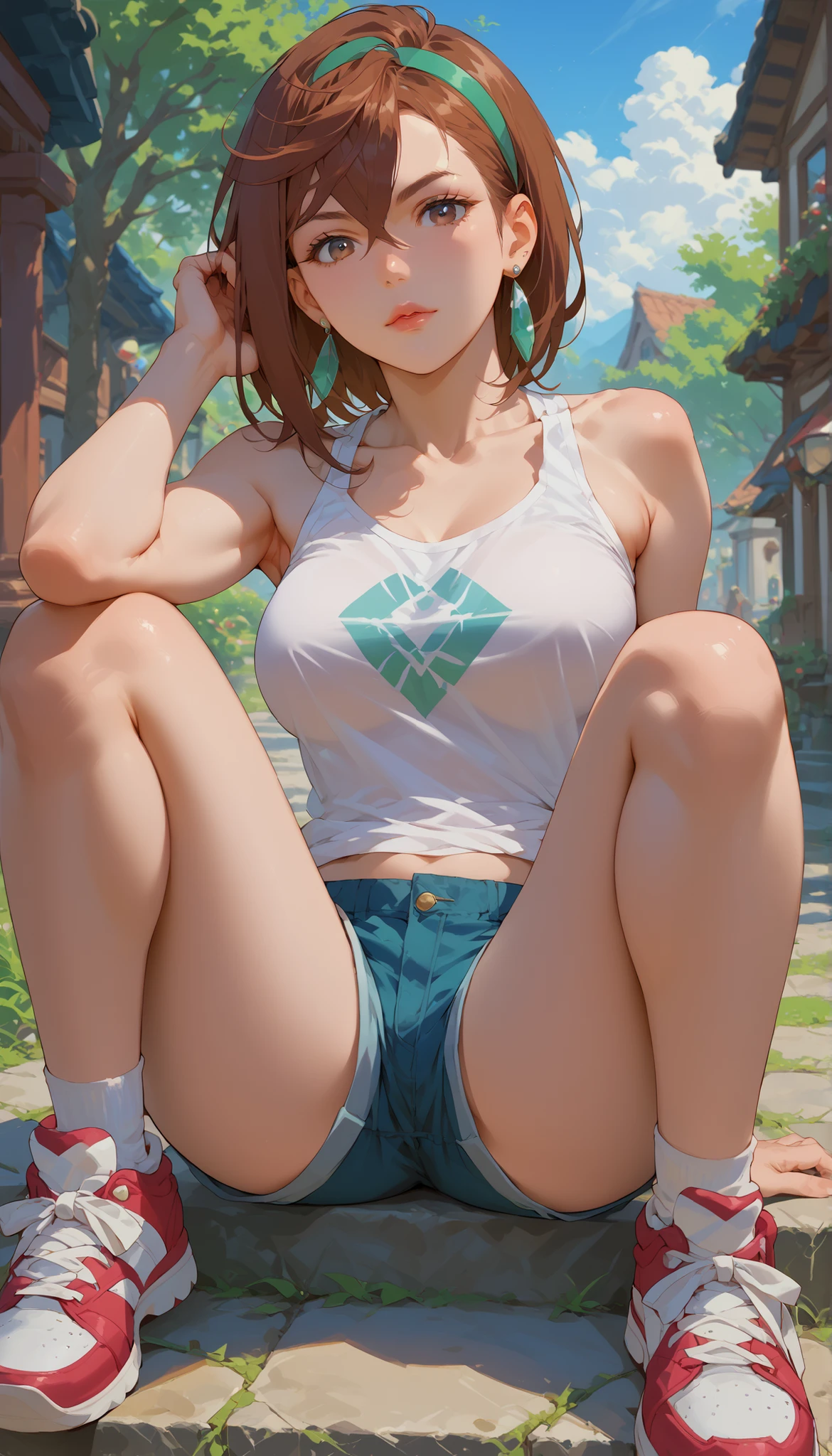 Ayase Momo(taste), hourglass shape, 1girl, , brown_My hair, solo, brown_eye, earrings, Disconnect, gem, big_chest, look_in_viewer, swein, squinting, glass, My hairband, shorts, fell apart_lips, armpit, My hair_between_eye, sneakers, shoes, tank_top, white_footwear, short_My hair, Outdoors, arrive_ _viewer, Bang, just_shoulder