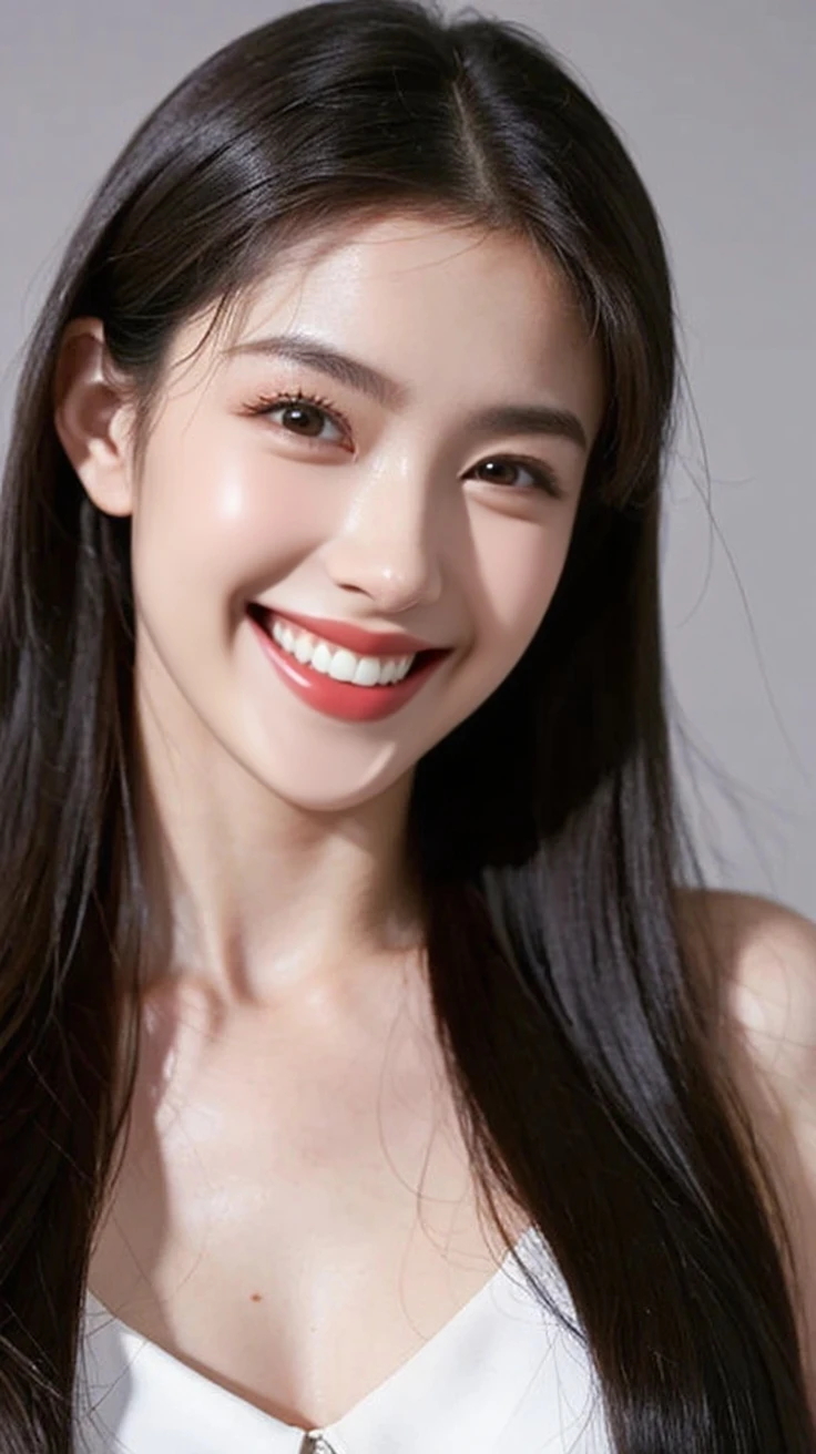 (A hyper-realistic), (illustratio), (hight resolution), (8K), (enormously detailed), (The best illustrations), (beautiful detailed eye), (beste-Qualit), (ultra-detailliert), (masterpiece), (wall-paper), (details face)、Upper body close-up,Armpit, A smile,Plump,独奏、Girl in silk plunged white tank top, full of sweat, japanes, large full breasts, (camel's toe)、gigantic-breast、Detailed, well-groomed white teeth、Ultimate Beauty、shot on the Canon EOS R 6、full of sweat、(beautiful detailed teeth)、Silver necklace、Background is a park with sunlight outside、No up、