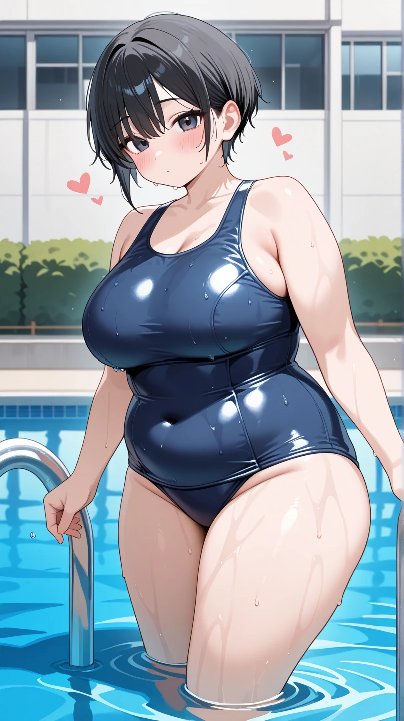 A chubby Japanese woman in her 40s with big breasts wearing a school swimsuit
