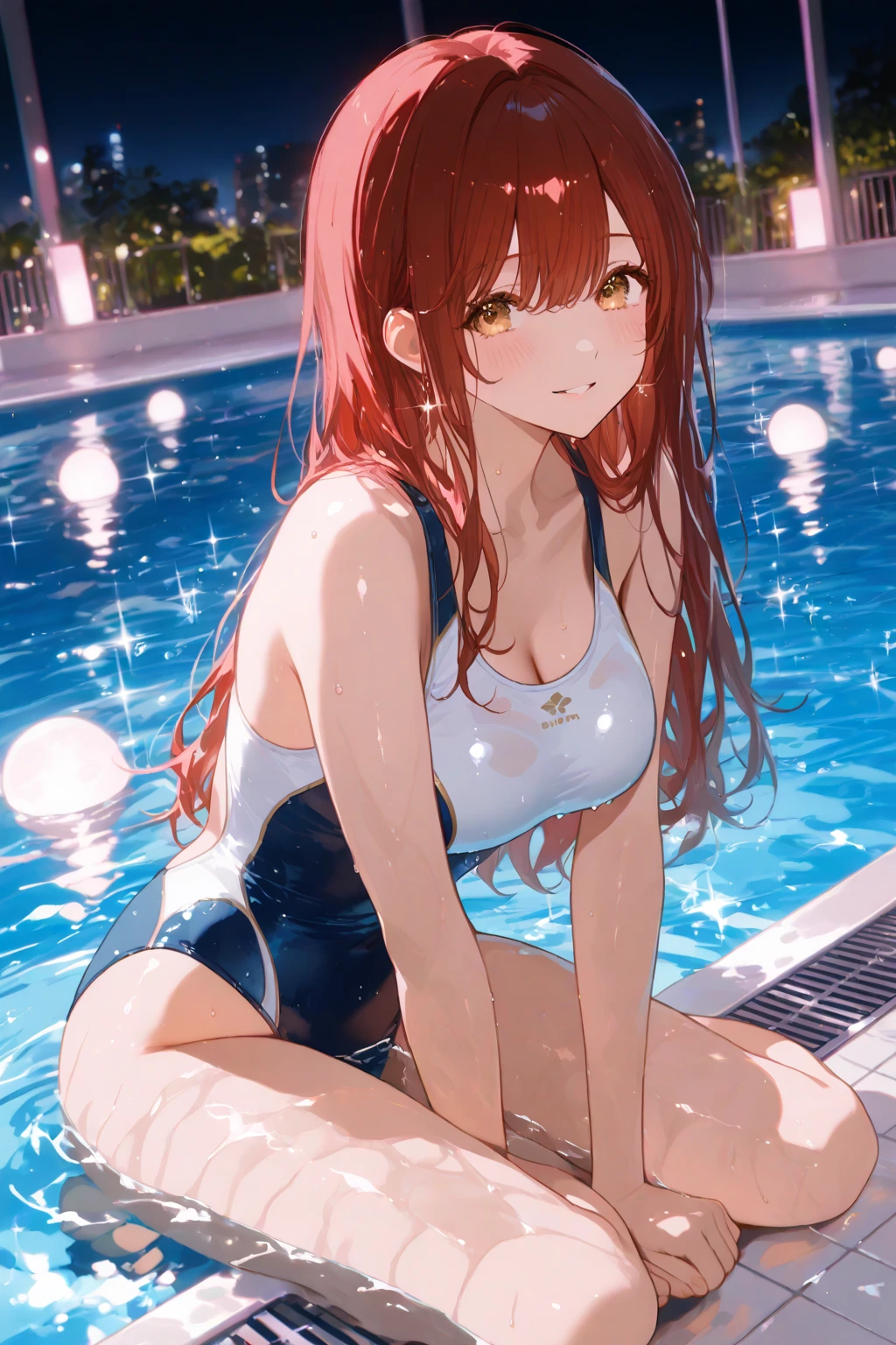 masterpiece, best quality, hi-res ,, one girl, solo, green eyes, long hair, red hair,, bangs, eyebrows, one-piece swimsuit, poolside, open mouth, smile, wet, --auto --s2