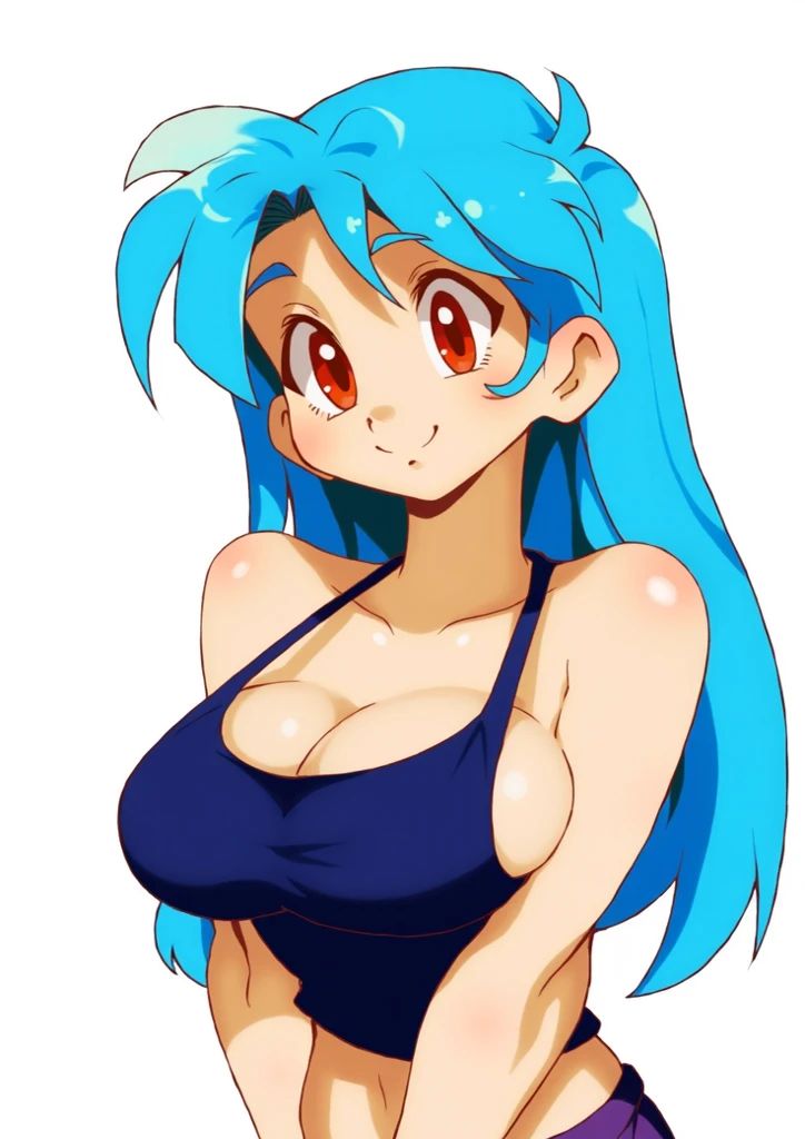 Beautiful woman white skin character Bulma from Dragon ball soft skin shiny skin detailed eyes smiling ultra large breasts while grabbing them with her arms marked curves wide thighs while k has a dragon ball on her ultra large breasts with a bra and a blue thong short blue hair 
