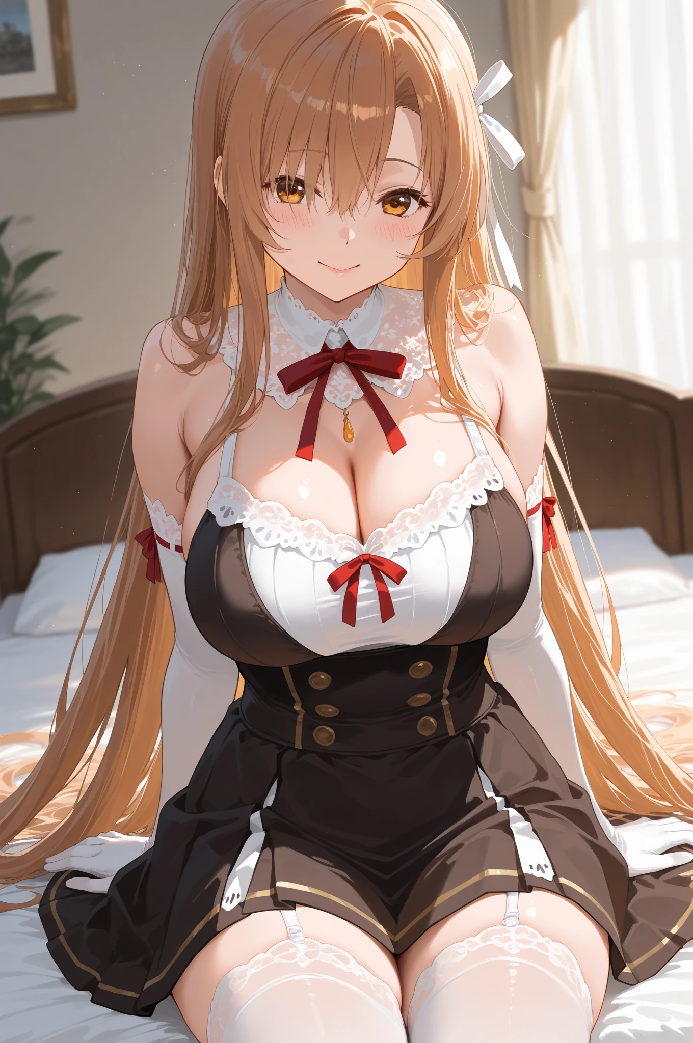 beautiful girl、perfect body、beautiful ample breasts、Long blonde、((maid))、Looks embarrassed、open your legs、((Show your panties))