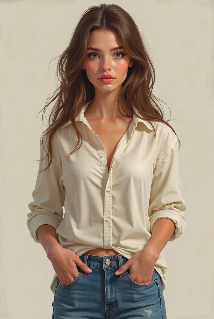 Imagine a female coroner with medium brown hair, that fall in turbulent waves full of life, shaping your face in a way that highlights your gray eyes, expressivos e penetrantes. Her mouth is fleshy, with well-defined lips, adding a touch of beauty to your appearance. The small and harmonious nose fits perfectly into the ensemble, making her a beautiful and captivating woman.

Your body is proportional, with defined hips and a thin waist, features that accentuate your elegant silhouette. She is wearing jeans that fit her shape well., paired with a plain white t-shirt, but which highlights its casual elegance. On the feet, she wears black ankle boots or ankle boots, without jumping, that give an air of practicality and determination, typical of someone who works in a demanding environment like forensic medicine.