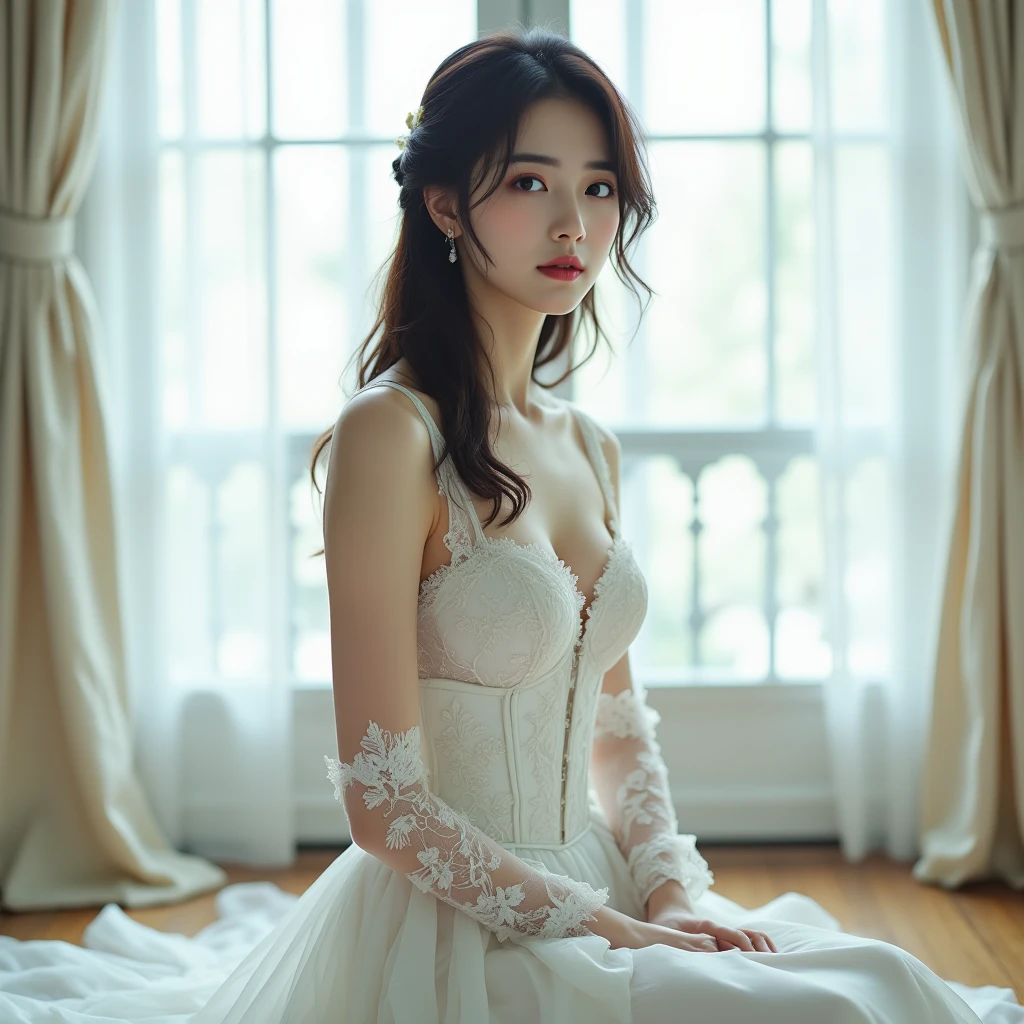 Beautiful 25 year old  woman。She is wearing a wedding dress. She is smiling on illuminated by the evening church lights on the romantic sunset time.  her dark brown short length hair. High resolution、masterpiece、highest quality、頭w:1.0、((Hasselblad Photos))、fine skin、(movie lighting)、clavicle . full body picture.