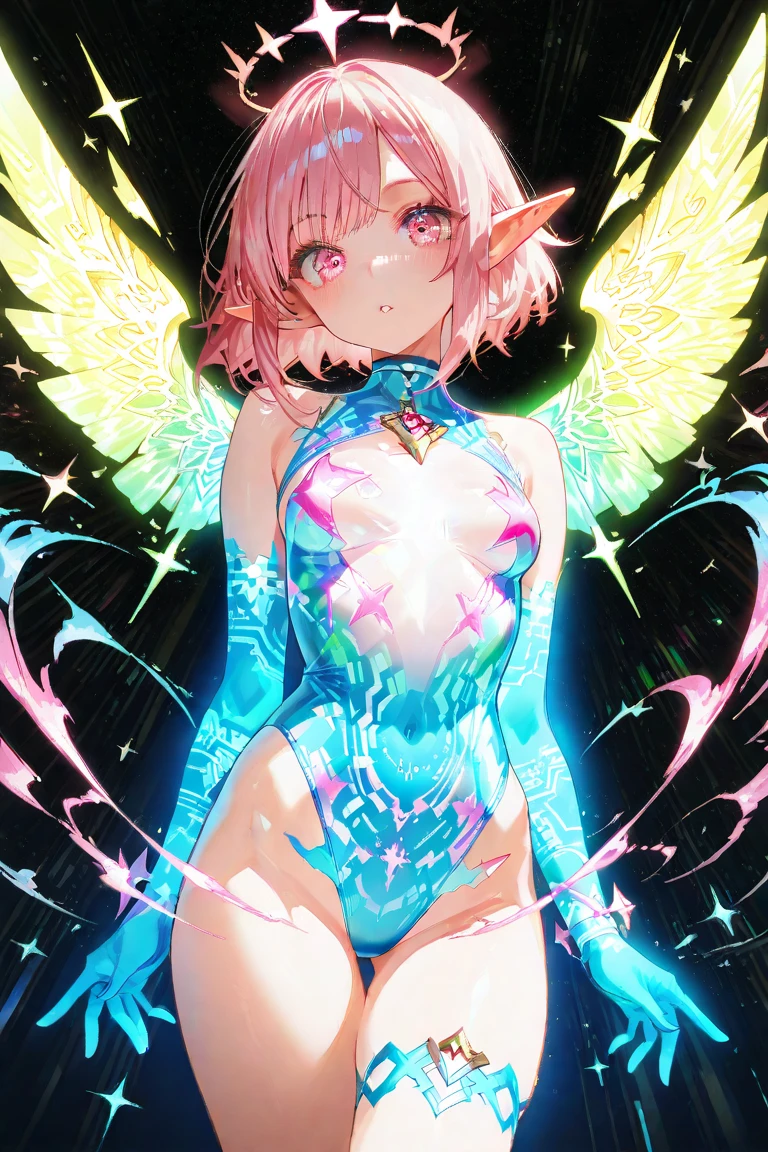 1 girl, high quality, (short hair), pink hair, forehead, blue eyes, (medium breast), straps on thighs:1.3), red background, (stocking), (cameltoe:1.2),(sweaty:1.1), (nipples:0.8), thick thighs