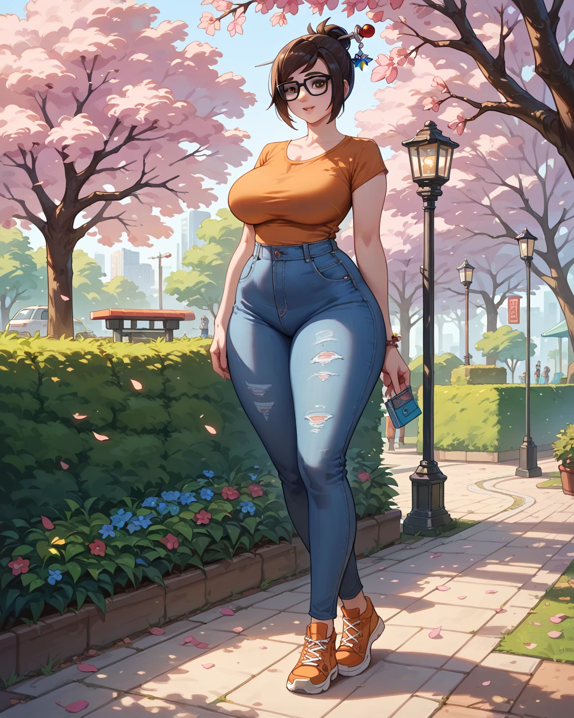 20 years old woman, Short brown hair, Mediterranean with blue eyes, Generous and heavy breasts, slender waist, estomac defini, fesses rebondies et pulpeuses, naturally curved, muscular thighs, aguicheuse, lunettes, air joyeux, jean, teeshirt, heels, in a park