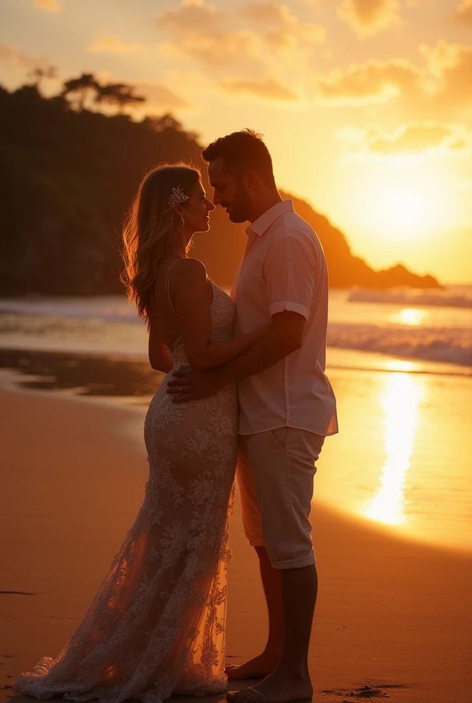 Cuckold chubby white hotwife, brown hair, white bikini, wedding veil, golden necklace, tall man, romantic,man hugging her forma behind, hotel beach, illustrations, ultra-detailed, realistic, vivid colors, full body picture, warm tones, soft lighting, photo from rear
