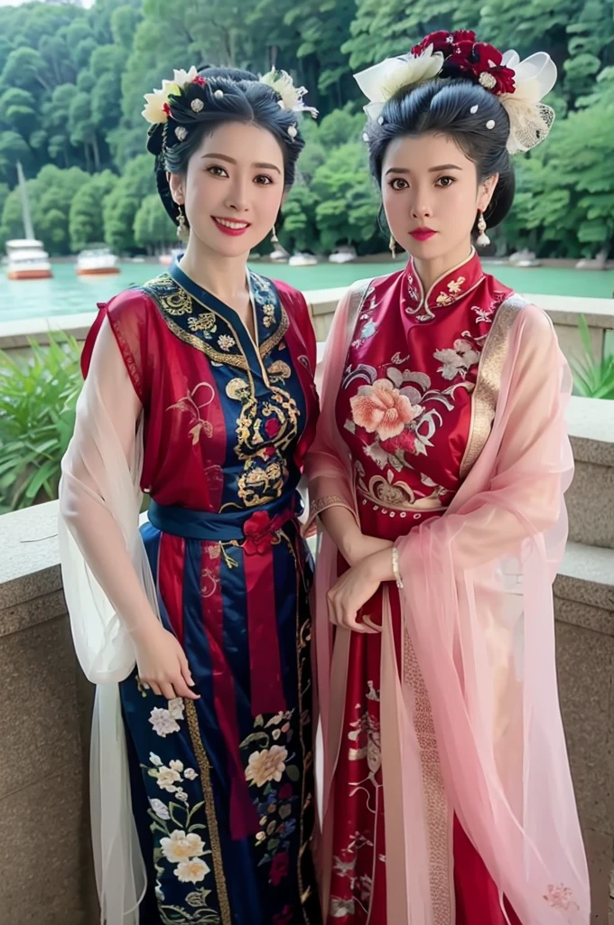 there are two people standing next to each other on a bridge, ao dai, fashion magazine photography, fine art fashion magazine style, in style of lam manh, 🤬 🤮 💕 🎀, magazine photography, magazine photo shoot, magazine shoot, tight light blue neopren suits, editorial photo from magazine, photoshoot, wedding photo, magazine photoshoot((optimal quality)), ((masterpaintings)), (A detailed:1.4), 3D, Beautiful images of cyberpunk women, hdr(HighDynamicRange),raytrace,NVIDIA RTX,Hyper-Resolution,illusory 5,sub-surface Scattering,PBR textures,Post-processing,Anisotropic filtering,depth of field,Maximum clarity and sharpness,multi-layer texture,Albedo e mapas Speculares,Surface Coloring,Accurate simulation of light-material interactions,perfectly proportioned,octane render of the,duotone lighting,Wide aperture,Low ISO,White balance,trichotomy,8K raw data,masterpaintings,optimal quality,(8k very detailed CG unit wallpaper)(optimal quality),(best illustrations),(Best Shadow)Golden waves,Bright orange AOL sunset through the waves,Golden water droplets flying,(:1. 6),