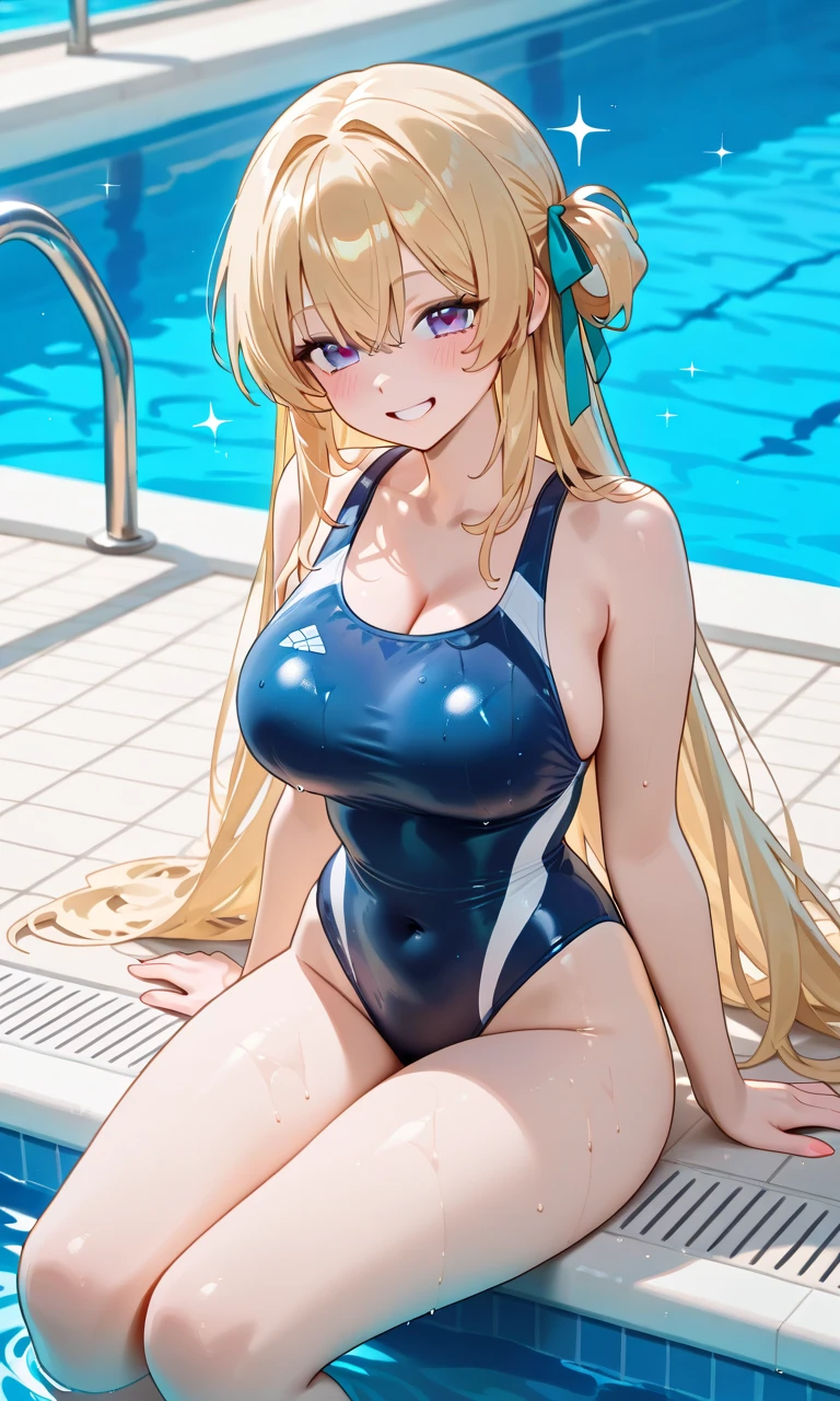 ((шедевр))、((Top image quality))、((Top image quality))、(Illustration of one woman)、fullllbody、25years old、((neuter))、((Blonde twintails))、Light golden eyes、((Long body))、((Muscular and strong body))、((muscular and thick arms))、((muscular and thick legs))、((manspreading))、opening legs、((Competitive swimsuit))、Sitting on a deck chair、in poolside