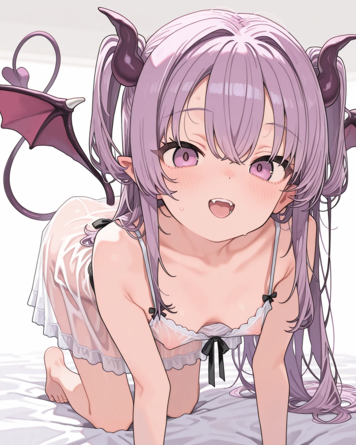 purple hair, rose eyes, short hair, white background, smoll stature, small butt, chibi, flat cheast, flat tits. medium thighs, pantyhouse, bandaged legs, small breasts, 1 girl, one girl, small stomach, curvy waist, round butt, small belly, clear skin, 1 girl, cute girl, smoll tits, curvy waist, good butt, one girl, view from front, wedding dress, 1 girl, white dress, 1 girl, show pussy, look at viewer, (panty pulling), white flowers on the head, (kissing the viewer), (kissing), Veil, (kissing mouth)