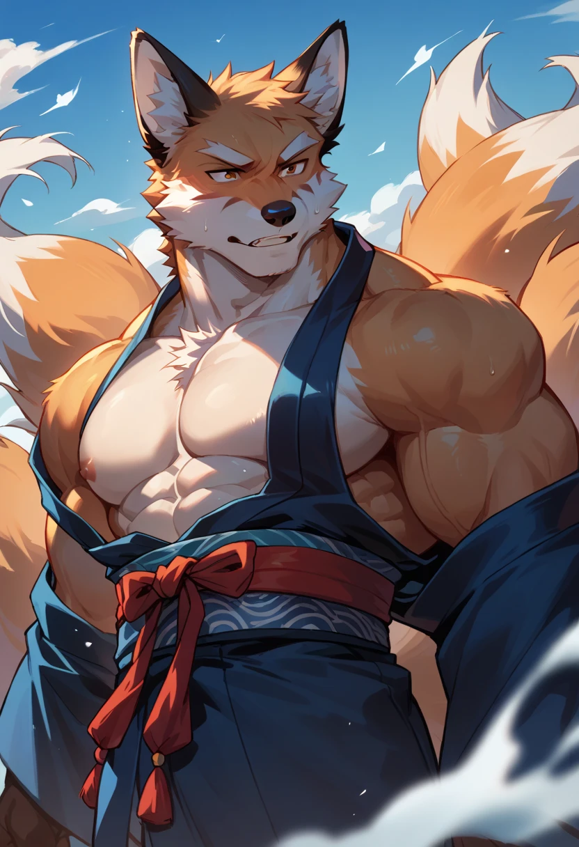 (masterpiece, 4K, ultra detailed), red panda furry, orange fur, dark brown belly fur, short hair, masculine, sunny, lake, shirtless, muscular, slim, eight-pack, blush, frown, adult, anime, smooth lining, simple colours, naked, hard penis, blue eyes