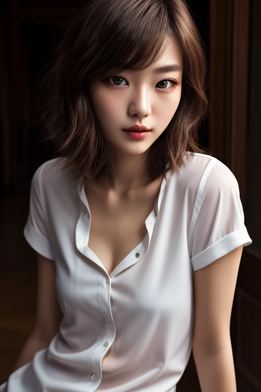 超A high resolution,masutepiece,Best Quality,
extremely delicate face,Detailed eyes,very intricate,perfect glossy shiny skins,Perfect Lighting,Detailed Lighting,Dramatic shadows,Ray tracing,
1girll,full body Esbian,white oversized button up shirt,view the viewer,Cyberpunk