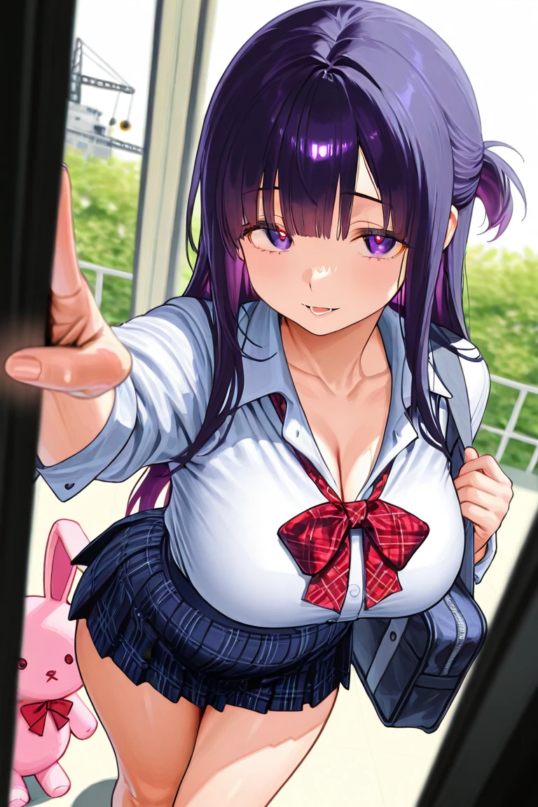 todoshizuko, purple hair, ponytail, hair ribbon, long hair, blue eyes, makeup, 15years old , large breasts, solo, nsfw, nipple,  ride a bicycle