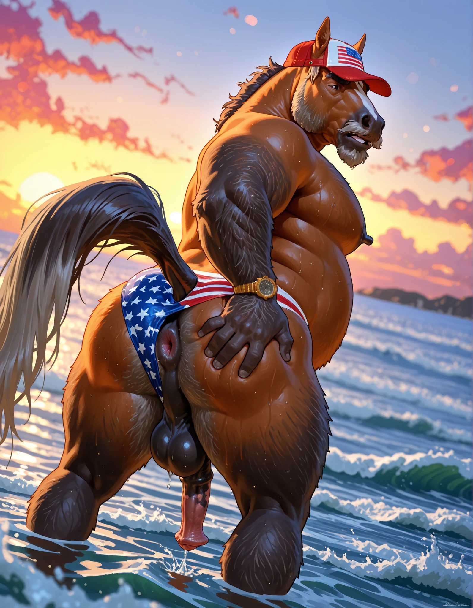 Furry, Antro, Horse Brown dark, Fundoshi bulto, Fundoshi White, Solo, Bulto Male Big, scrotum, Hooves ,Detallado, cuerpo completo, cuerpo furry, lying, Blue eyes, Farm, campo de mazorcas, Gold Eyes