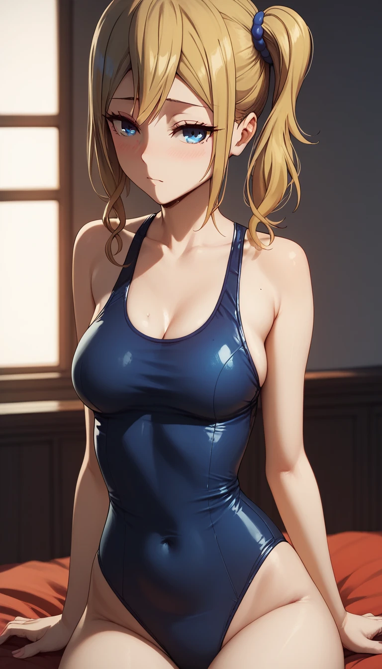 1 Japanese elementary school girl,blue eyes, blonde,ponytail, big breasts,black leotard,barefoot,Super High Leg Cut, serious face,blush,Sweat,fold your arms,Are standing