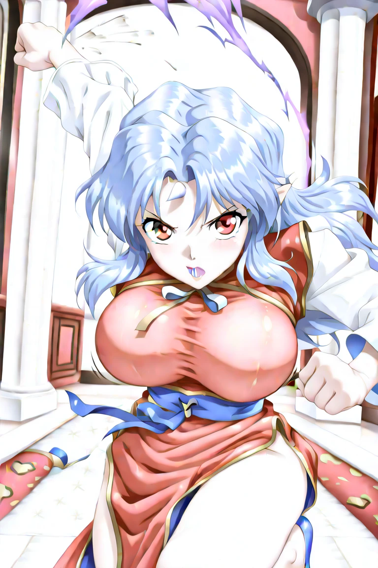 Highest quality, Very detailed, High resolution, 1990s_(style), retro artstyle, 1990s anime cels style,Satoshi Urushihara style art, Vibrant colors, Silver Hair,ponytail、Flat Color, One woman, (Huge breasts), blue eyes, Big eyes, Red nose,Well defined nipples、((Nipples are visible:1.3))、Squat、Open Leg,Detailed nipples、Realistic nipples,Thick pubic hair、((tears:1.1)),((Masturbating:1))、Detailed eyes、Beautiful Eyes,Open up