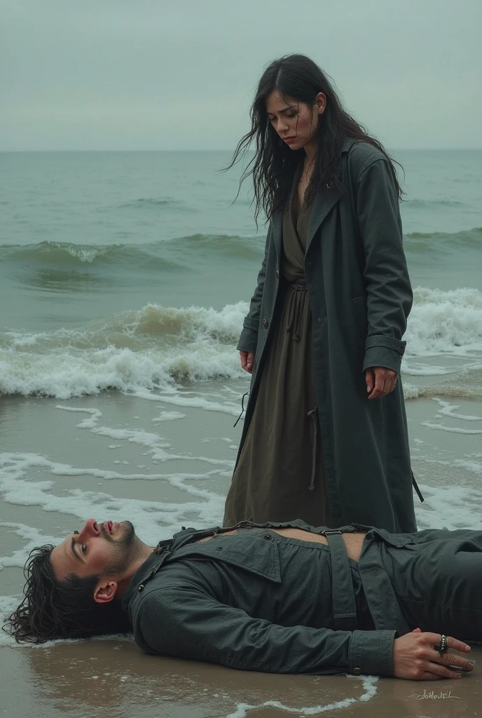 Navy blue headscarf on the beach, black long closed coat, barefoot, Sexy skinny woman. Man lying in front of woman. Woman puts her foot on the front of man&#39;s sweatpants. 