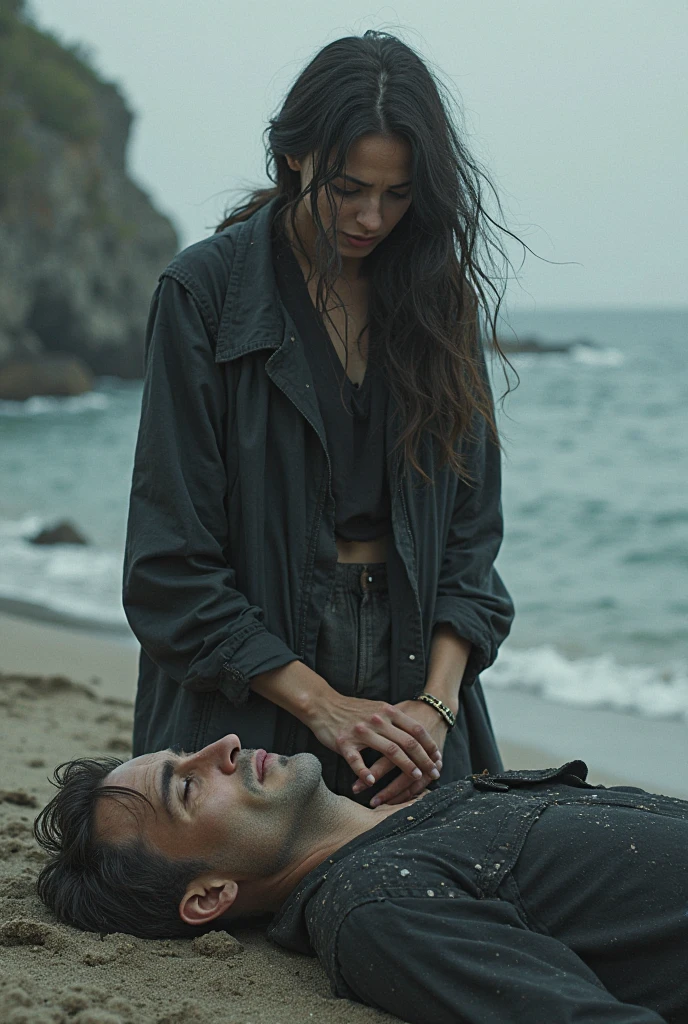 The man in his 45s with black very short hair and smooth face with moustache. The woman in her 45s with brown wavy long hair. The man is wearing an unbuttoned white shirt and black trousers. The woman is wearing a black low-cut evening dress. Seaside, beach, sandy beach. Night. Small ring of fire. The woman is lying on the beach. The man lay on top of the woman. The man penetrating the woman. Sex. Romantic. Passionate. UHD. HDR. Cinematic.