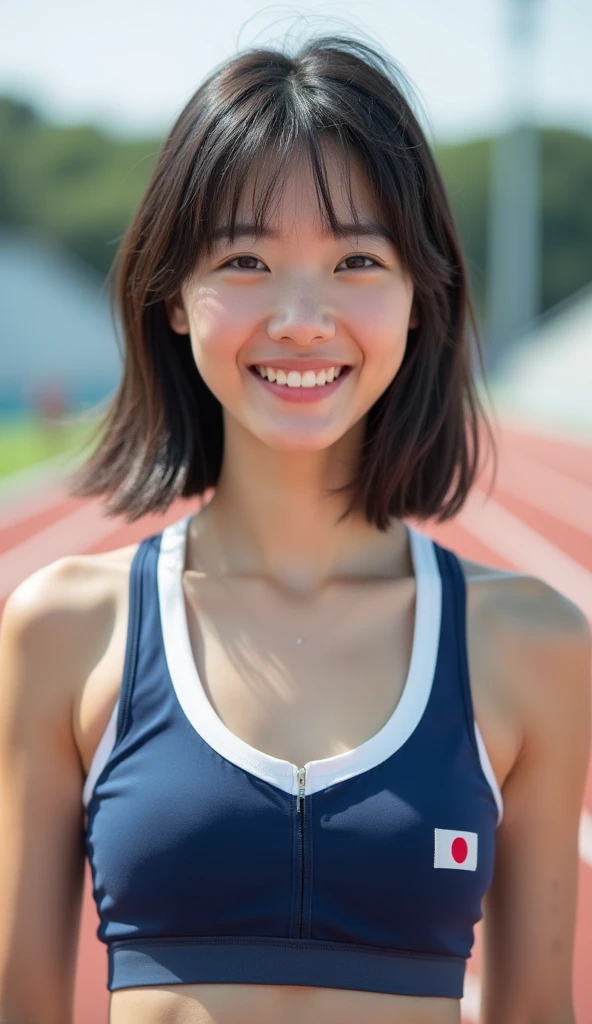 (masutepiece:1.3), (8K, Photorealistic, Raw photography, Best Quality: 1.4), japanse, Beautiful face, (Lifelike face), (Short-cut hair:1.3), Realistic eyes, Beautiful eyes, (realskin), Beautiful skin, Ultra high definition, Hyper-realistic, hight resolution, beautiful japanese female, (Athletics stadium at night, Land Track:1.5), track and field, (Show the armpits:1.4), (Hands behind the head:1.2), Smile