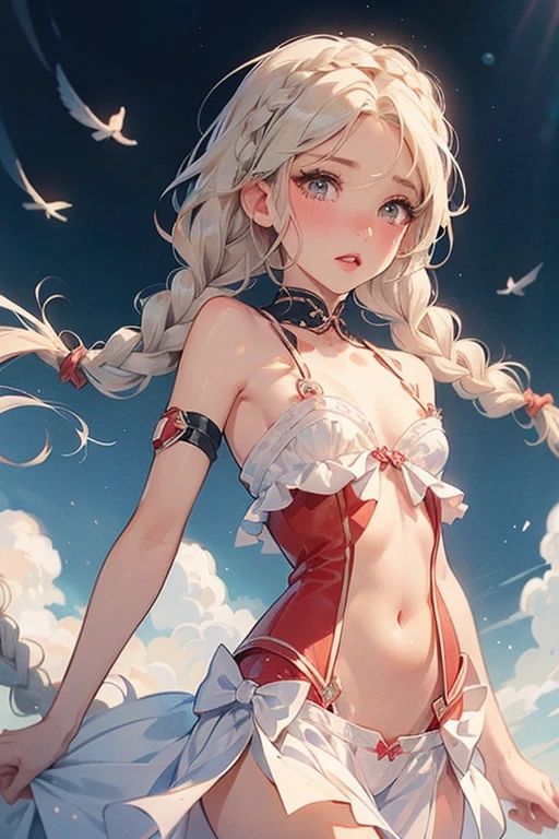 (((1 toddler:1.4))), (baby face), (round face), (little chest), (blonde long hair:1.2, big forhead:1.2), blonde hair, shiny hair,(red_eyes:1.5),(beautiful big eyes:1.3), intricate eyes,beautiful detailed eyes,symmetrical eyes,big eyes:1.5,(apricot eyes:1.2), extremely detailed cute anime face, clear pale blush, solo,🦄,🌈,kawaii,(((lustrous skin:1.5,tanned skin,bright skin: 1.5,skin tanned,shiny skin,very shiny skin,shiny body))),((nsfw)),((little ,chibi))),((small tiny body)),,((((6 years old)))),((flat chest)),
((fallen angel, demon girl, demon tail, demon wings, wings)),
cute,
((tail, tail ribbon)),(cameltoe,covered navel), (detached sleeves), ((headband red headband,ribbon on the headband that looks like rabbit ears)),(bare legs), ((leotard, red leotard,strapless,strapless leotard)),(red ribbon, ribbon),((robe, white robe)),(thigh bow, thigh ribbon,neck ribbon),
(dynamic pose:1.0),smile,(centered,scale to fit dimensions,Rule of thirds),
((floating in the clouds, sky and clouds background)),scenery:1.25,((intricate scenery)),
(Glossy demon ornaments),highres,sharp focus,(ultra detailed,extremely detailed),(photorealistic artwork:1.37),(extremely detailed CG unity 8k wallpaper),(((vibrant colors,vibrant theme))),(intricate),(masterpiece),(best quality),artistic photography,(photography taken by sldr),(intricate background),perfect rendered face,perfect face details,realistic face,photo realistic,((intricate detail)),(((realism))),