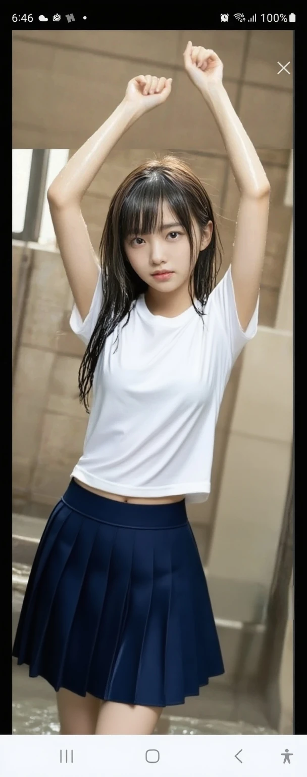 (masterpiece, Highest quality:1.2), (Realistic, photoRealistic:1.4), RAW Photos, 8k, High resolution, Intricate details, Very detailed, In detail, Cinema Lighting, Depth of written boundary, (whole body, Front view, Front view:1.8), (View from below:1.3),View your viewers, alone, One girl, 17-year-old Japan idol, Are standing, Black Hair, short hair, Bob Hair, Long eyelashes, Flat Chest, thin, thin体, slim, Fine skin, Pale skin, Detailed face, Beautiful attention to detail, Lips parted, (skirt,shirt,Wearing the Tokiwadai School uniform:1.4), (Thighs, barefoot, socks, loafers), (Leaning forward, Take off your panties, Pulling on panties:1.8), Photo Background, indoor, corridor, Daytime, sunny, Beautiful views,