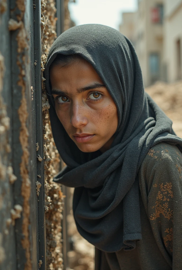 Ugliest black eyed black eyebrows kurdish teen in black straight hijab nude shoulder nude arm breasts standing in abandoned room necklace bracelet view from side sad