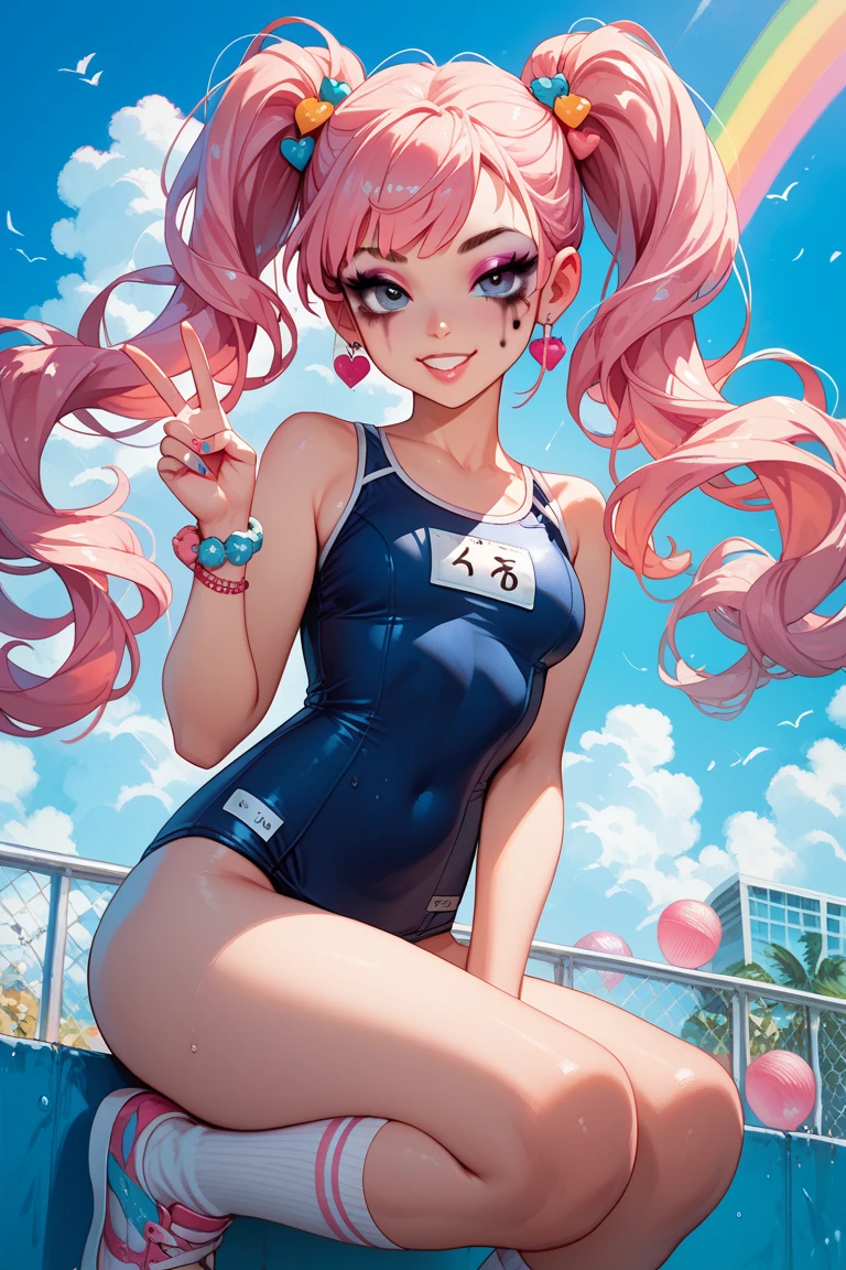 ((masterpiece)), (highest quality), (detailed), One girl,
View your viewers,  (lipstick:0.75), Leaning forward,
Long pink hair, Twin tails,
Colorful thighs,
summer, Vibrant colors,
 ((Pink one piece swimsuit、High leg)))