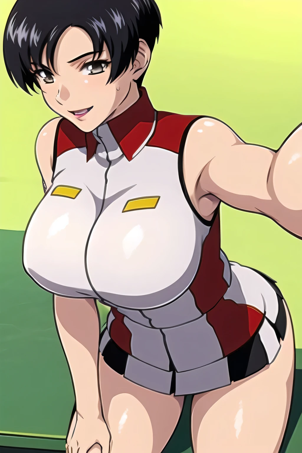 highest quality, High resolution,Anime Screen Capture, green eyes, Light pink sci-fi suit、obesity、belt、thigh boots ,(huge breasts:1.2), blush, (embarrassing), :d, dark brown hair, bob cut、(((hand on chest)))、(Are standing)、((Red-rimmed glasseedium hair))、roof of the building
