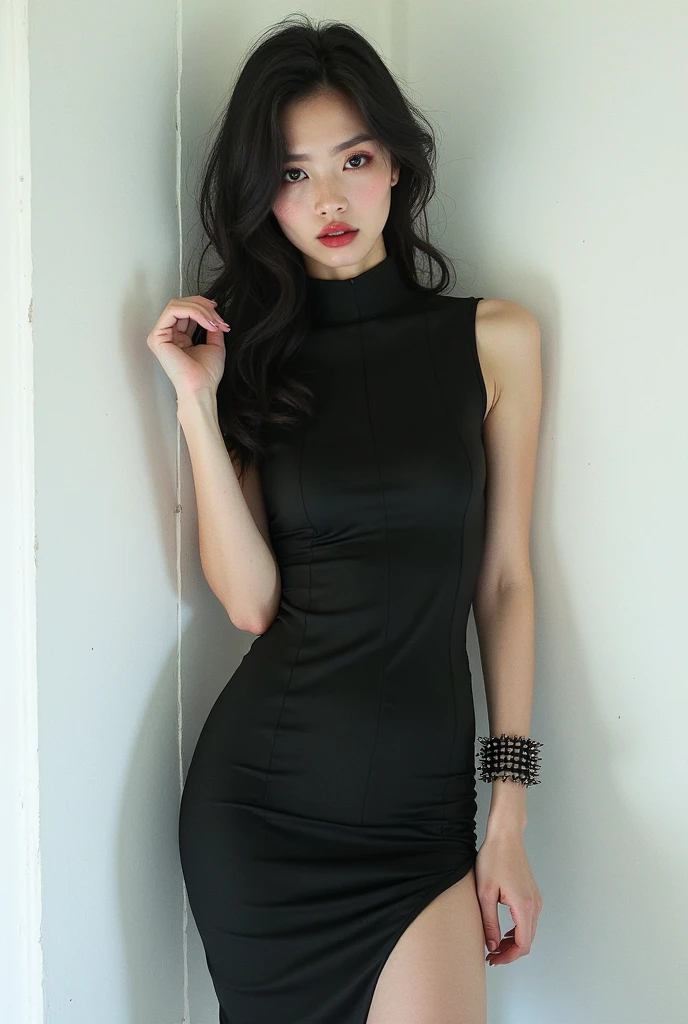 Fide woman wearing black dress and stockings posing for photo, Wearing a black tight-fitting dress, she wears a black dress, wearing a black dress, wearing a black dress, Wear clothes, photo of slim girl, sexy dress, Black dress, 2 4 year old female model, tightly dress, Wear tight clothing, Wear dark clothing, short  skirt