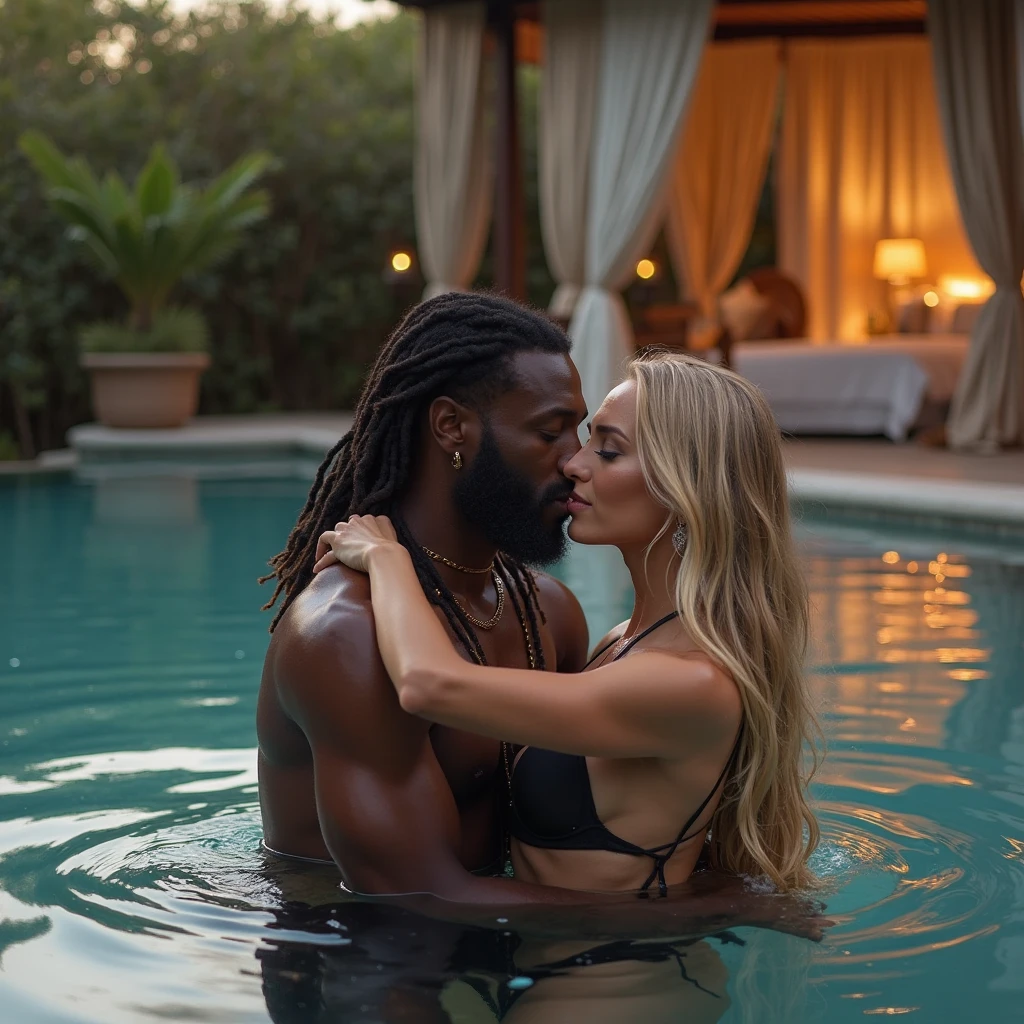 Magnificent detail, 8K Photos, hyper- realism, realistic background, visual depth, wide angle lens, professional light, {The scene shows a beautiful natural blonde woman, beautiful white skin Brazilian carried in the arms of a strong muscular black man, standing wearing white swimming trunks that highlight the volume of his huge giant penis. Woman wears green string micro bikini without bra, it's yummy, curvilinear, has a soft round ass, Beautiful and soft natural breasts, um corpo invejavel, sensuous. The woman has her mouth open expressing pleasure. The setting is a waterfall. they're wet. Caresses and hot kisses 