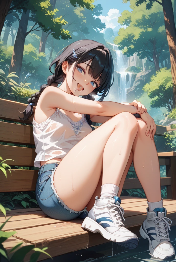 Masterpiece in UHD, with sharp details, in the style inspired by ((Ken Sugimori for Fakemon)). | A 20-year-old woman, stands out in the midst of intense rain in the night forest. Wearing a white t-shirt with short red sleeves, a pleated black chadres skirt, and white sneakers, she gazes at the viewer with her beautiful eyes, displaying a mischievous smile. Her short blue hair, with a large fringe in front of her eye, adorned with two pigtails and metallic clips. Beside her, a powerful Plant-type Pokémon, with large eyes and a flower on its back, completes the magical scene. Rocky structures, trees, logs, and altars with ancient inscriptions make up the rain-soaked environment. | The slightly tilted angle highlights the woman's interaction with the ((Pokemon)), while soft lighting emphasizes expressions and details. The rain effect pronounced, providing an intense and mysterious atmosphere. | Captivating night scene with a captivating woman and her Pokémon in the rainy forest. | {The camera positioned very close to her, revealing her entire body as she adopts a dynamic_pose, interacting with and leaning on a structure in the scene in an exciting way} | She adopting a ((dynamic_pose as interacts, boldly leaning on a structure, leaning back in an exciting way):1.erfect_pose)), ((perfect_pose):1.5), (((full body))), ((perfect_fingers, better_hands, perfect_hands, perfect_legs)), ((perfect_fingers, better_hands, perfect_hands, perfect_legs):0.7), More Detail --auto --s2