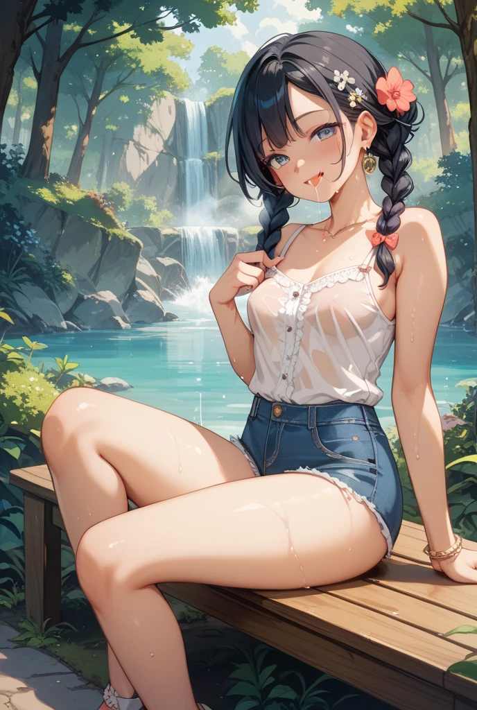 Top Quality, Masterpiece, Ultra High Definition, 8K, Summer Sky, Early Summer, (Shorts, Light Knitwear, Sneakers), Shojo Manga Style Loli, One, Soft Line Art, Digital Enhancement, Shojo Manga Touch, Shoujo Manga Core, Flowing Fabric, Close Up, (Hair length and short braid to the shoulders)), Wet Hair, Staring at us from the front, Soft drawing, Beautiful Black Hair, Clear eyes, ((teasing smile)), ultra-detailed digital anime art, clear face depiction, ultra-detailed shojo manga character art, clear facial features, ultra-detailed manga style, top quality colors, hand gestures, landscape with nature, looking up at the sky, angle that can see up to your feet, sit