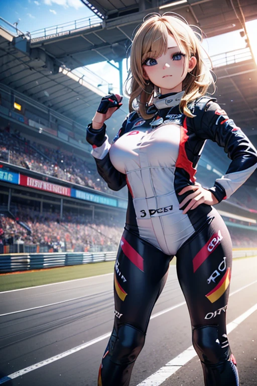 Beautiful female motorcycle racer stands by a motorcycle, His face is illuminated by bright light, face full of confidence and concentration, The girl is dressed in a sporty style, The perfect female face of the goddess, Деталь 8k, photo realistic style, sharp-focus, Professional lighting, colorful details, The painting is built according to the rule of the golden ratio, race track in the background